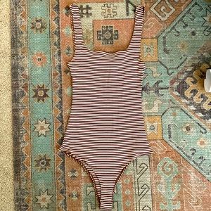 Brown and white striped reformation bodysuit